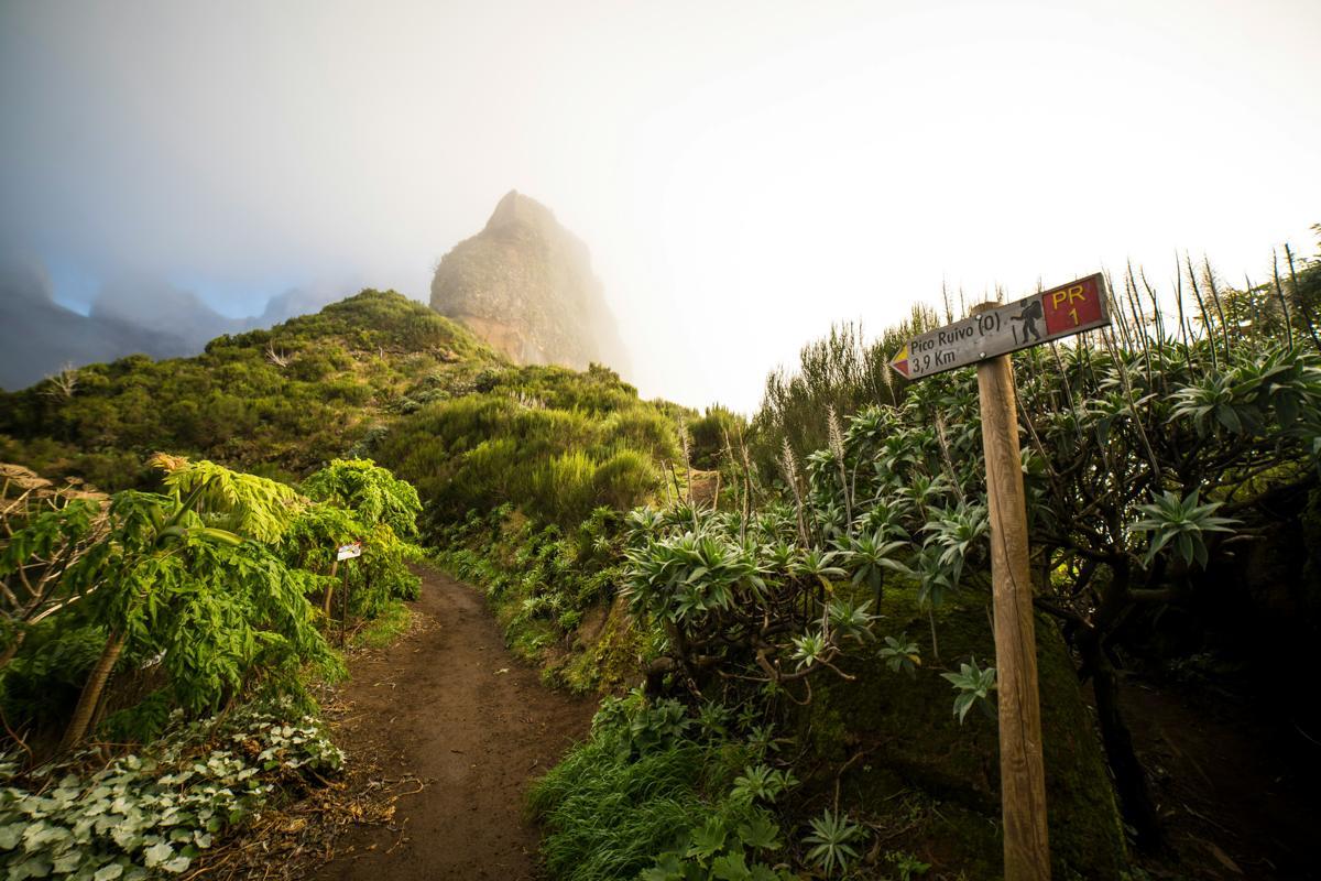 A trail sign pointing to Pico Ruivo beneath a mist-wrapped peak